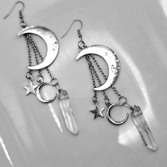 Silver Crescent Moon Clear Crystal Earrings - Picture 1 of 4